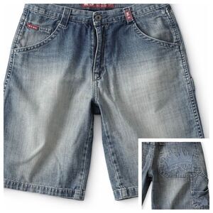 JNCO Y2K Denim Cargo Carpenter Shorts Crown Embroidered Streetwear Blue Men’s 30